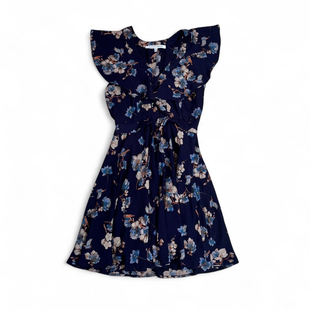 Navy blue floral dress with ruffle, tie in front, and buttons